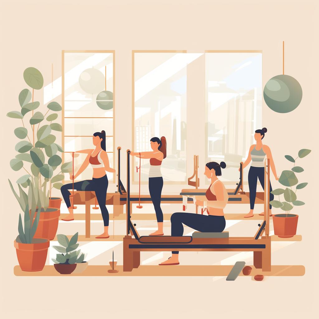 A group of people doing gentle stretches in a Pilates studio