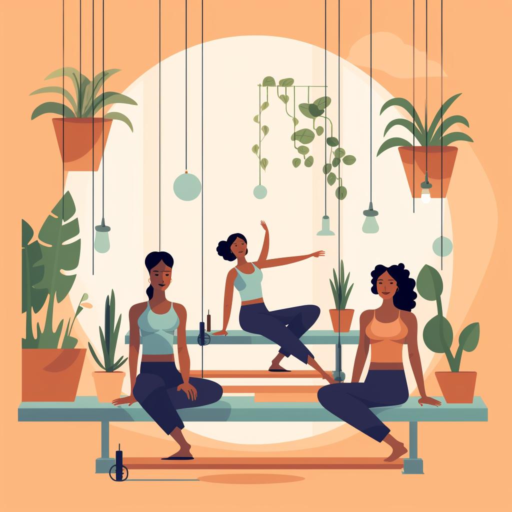 A group of people doing slow, relaxing movements in a Pilates studio