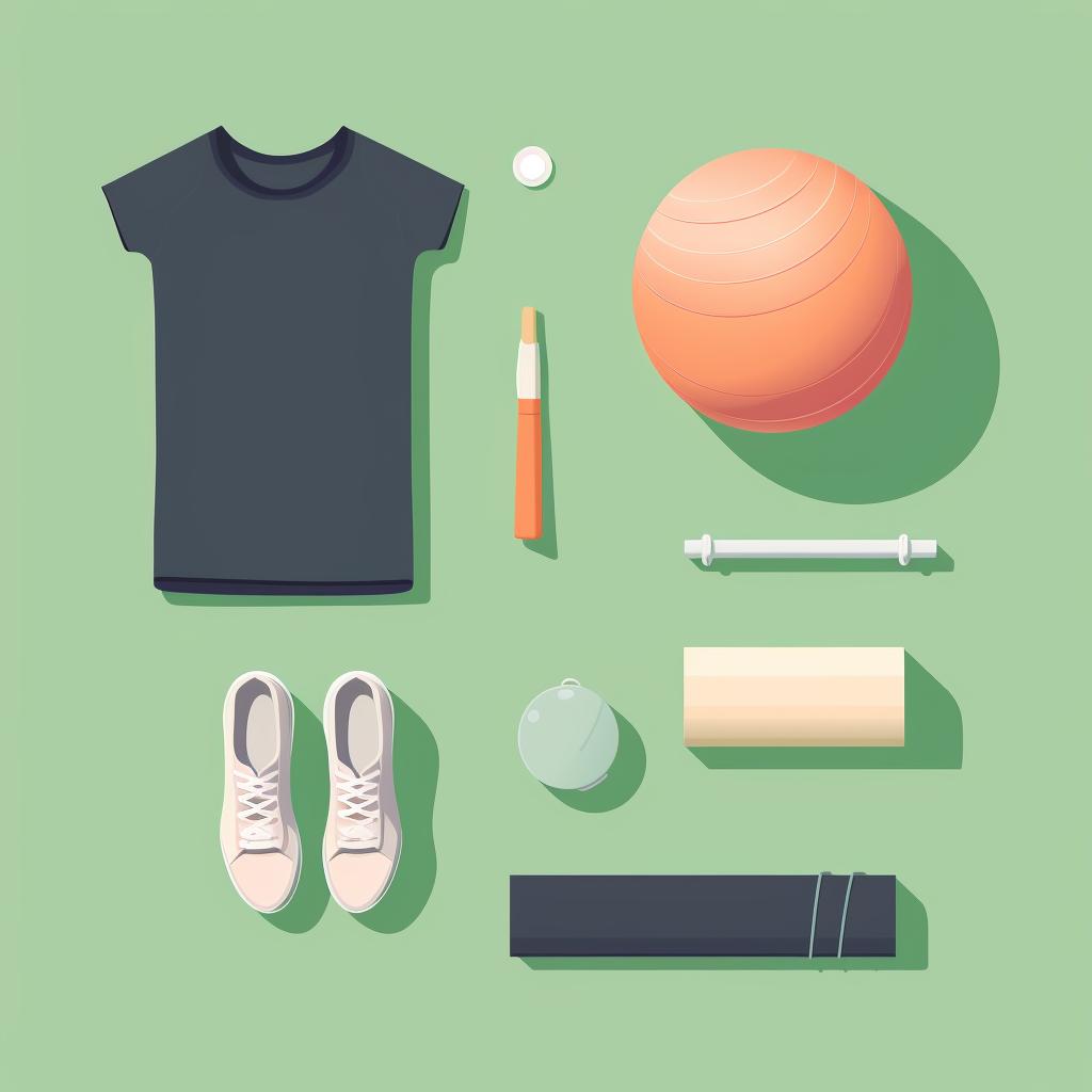 Workout clothes, a yoga mat, Pilates socks, and a Pilates ball laid out neatly