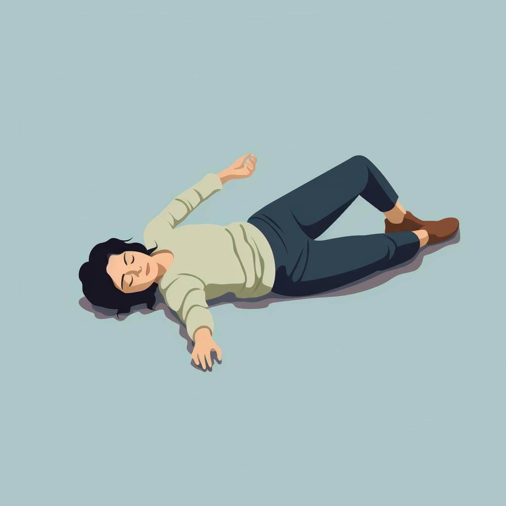 A person lying on their back with knees bent and feet flat on the floor